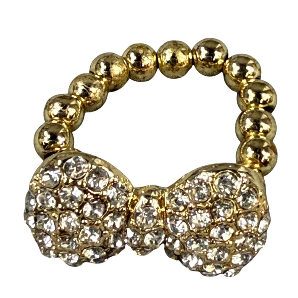 Gold-Tone Beaded Stretch Ring With Rhinestone Bow Design Women Jewelry